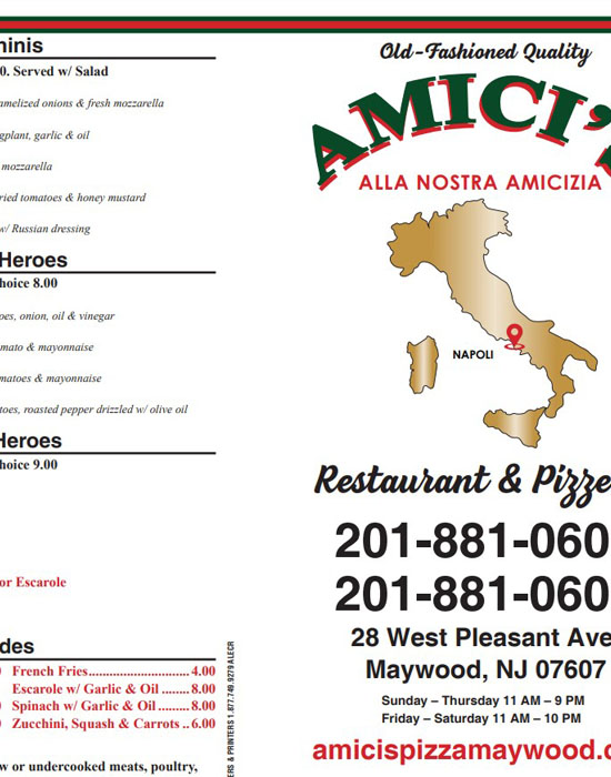Amicis menu hotsell